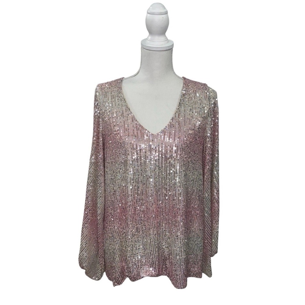 Vine & Love M Blush Pink Silver Ombre Sequin V-Neck Blouse Top Balloon Sleeves